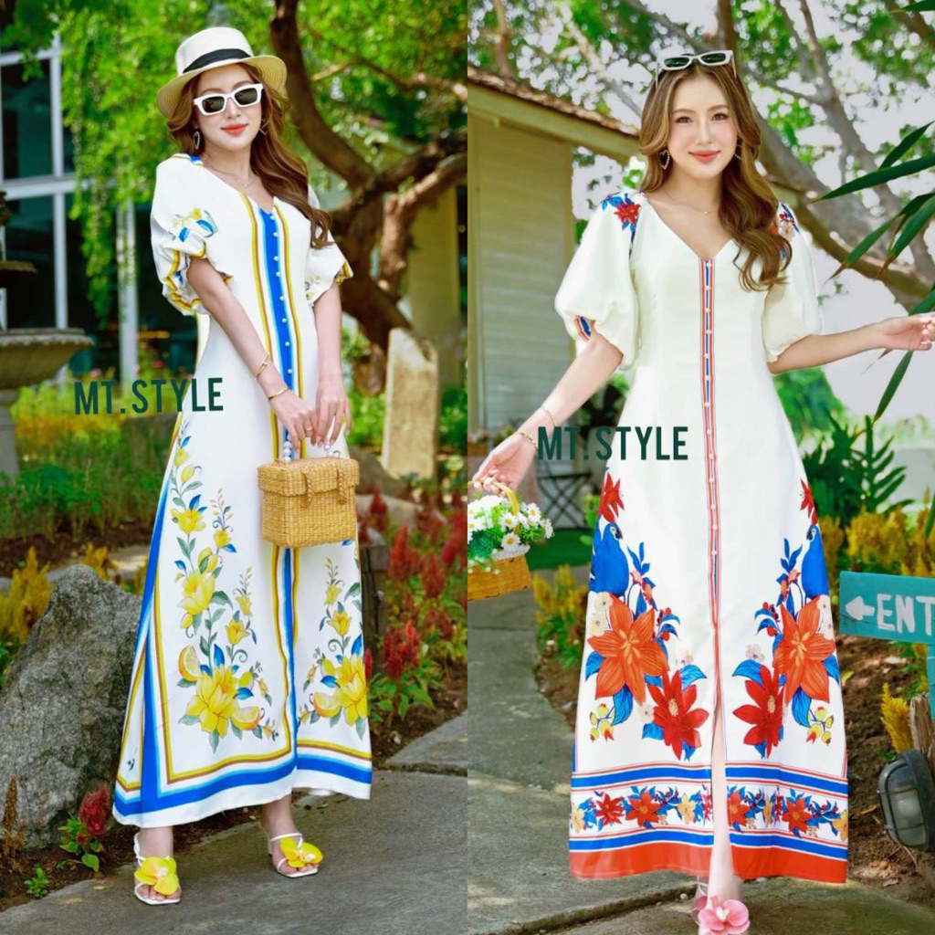 เดรสยาวคอวีพิมลายดอกไม้ ลายตรงทำให้ใส่แล้วผอม