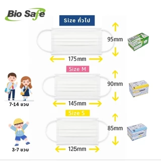 หน้ากากอนามัยเด็กไม่มีลาย 3 ชั้นทางการแพทย์ ป้องกัน PM2.5 เชื้อโรค Size S M 50 ชิ้น BioSafe