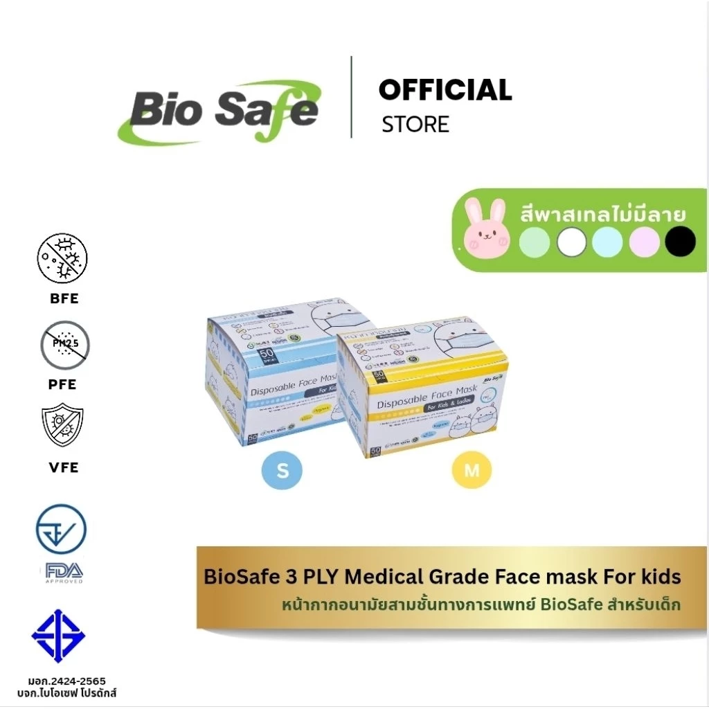 หน้ากากอนามัยเด็กไม่มีลาย 3 ชั้นทางการแพทย์ ป้องกัน PM2.5 เชื้อโรค Size S M 50 ชิ้น BioSafe