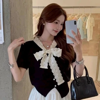 Vogue🌟พร้อมส่ง🌟 เสื้อไหมพรม แขนสั้น คอปกแต่งโบว์ สีพาสเทล (W-M099)