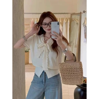 Vogue🌟พร้อมส่ง🌟 เสื้อไหมพรม แขนสั้น คอปกแต่งโบว์ สีพาสเทล (W-M099)