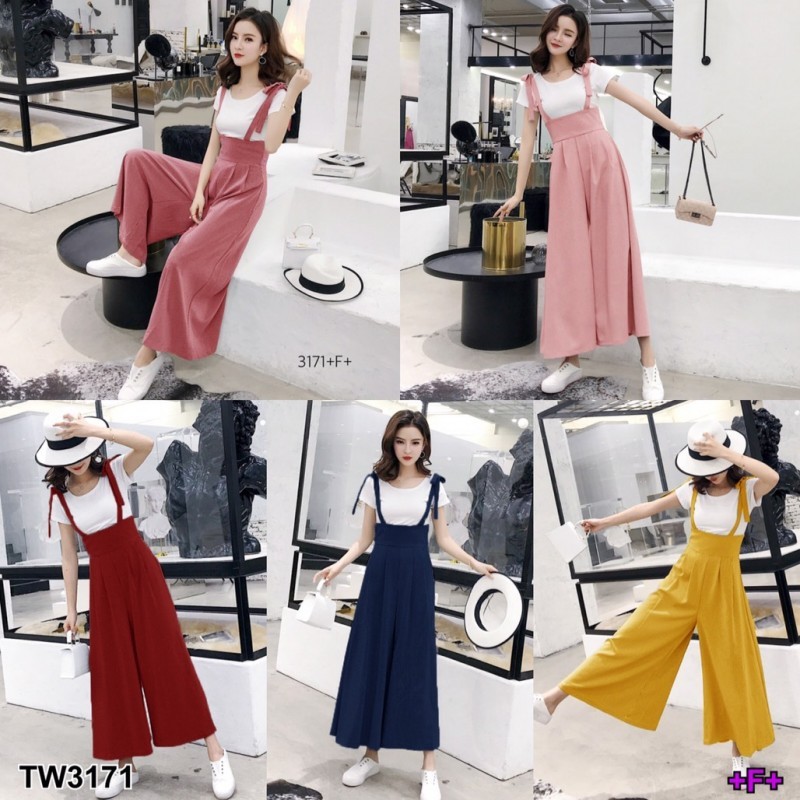 TT3171 set เอี๊ยมกางเกงสายผูกลายสีพื้น กับเสื้อสีขาว