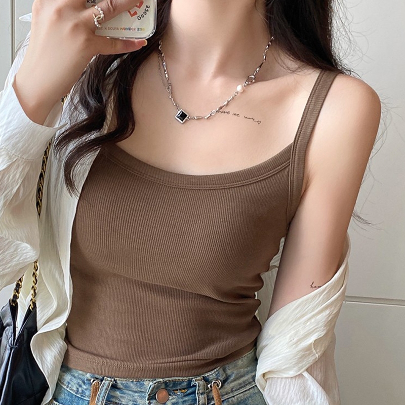 เสื้อเชิ้ตแขนกุด บราในตัว ผ้าเรยอนใส่สบาย เปิดไหล่ สายเอี๊ยมเล็ก รัดรูป สีทึบ เสื้อสายสปาเกตตี้ แฟชั่นยอดนิยม ไม่ร้อน - รูปที่ 4