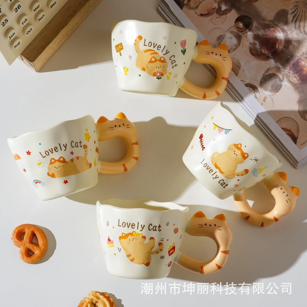 แก้วเซรามิคแมวน่ารัก ด้ามจับเป็นแมว แก้วน้ำลายการ์ตูน แก้วกาแฟเซรามิก ของขวัญวันเกิดสุดคิวท์400ml thumbnail 6
