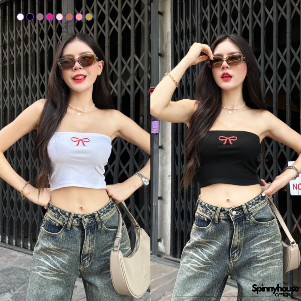 🌈SpinnyHouse🌈เสื้อเกาะอก สกรีนลายโบว์แดง ผ้ายืดยูนิ 🍓 สาวอวบใส่ได้จ้า ทรงสวยแมตช์ง่าย ผ้านิ่มใส่สบาย รุ่น เกาะอกโบว์แดง