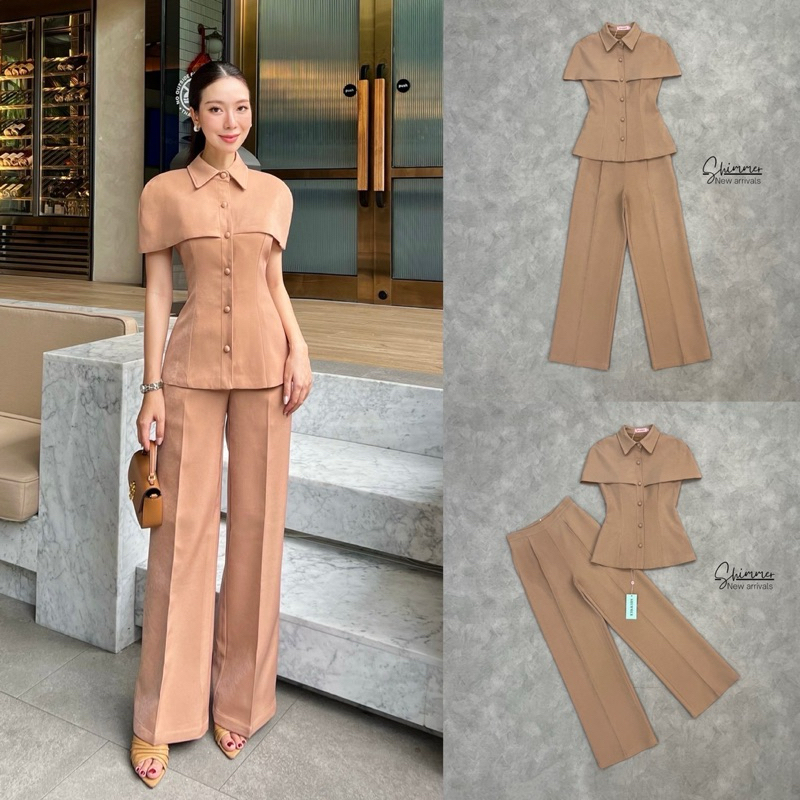 M4 งานป้าย Shimmer Set ชุดเซ็ทกางเกงขายาว พร้อมเสื้อ สีพื้น สไตล์ลำลอง สำหรับผู้หญิง เสื้อผ้าแฟชั่นผ