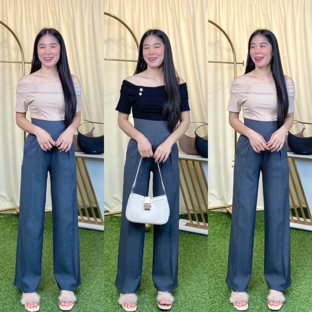 T10 เสื้อปาดไหล่ ปักดาว แต่งรูดหน้า ผ้าร่อง ผ้ายืด ผู้หญิง Clothing