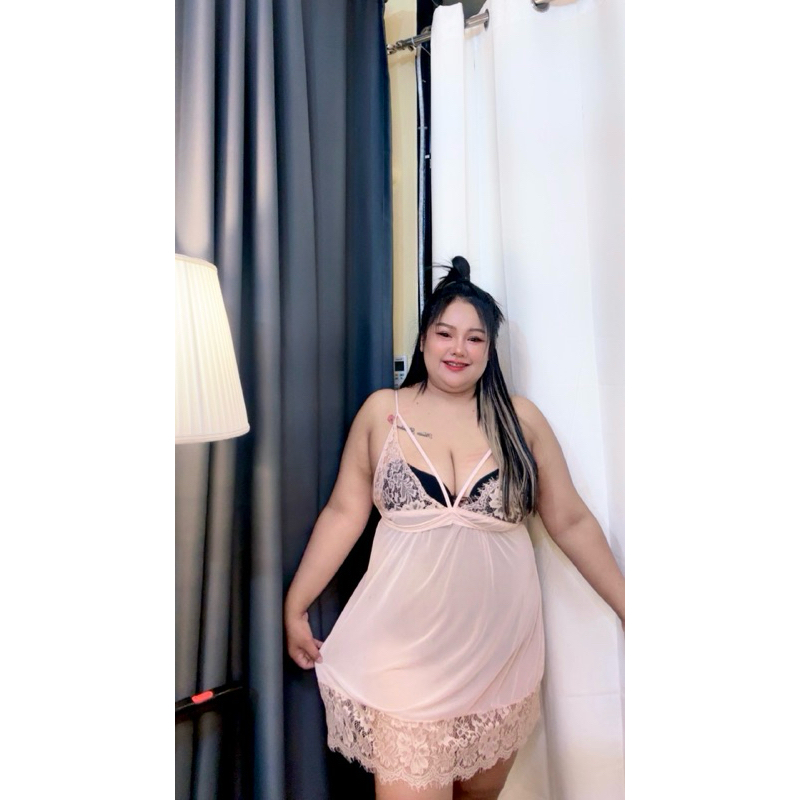ชุดนอนสายเดี่ยวสาวอวบกระโปรงซีทรูแต่งขอบลูกไม้อก 36-50 นิ้ว Viewveeshop