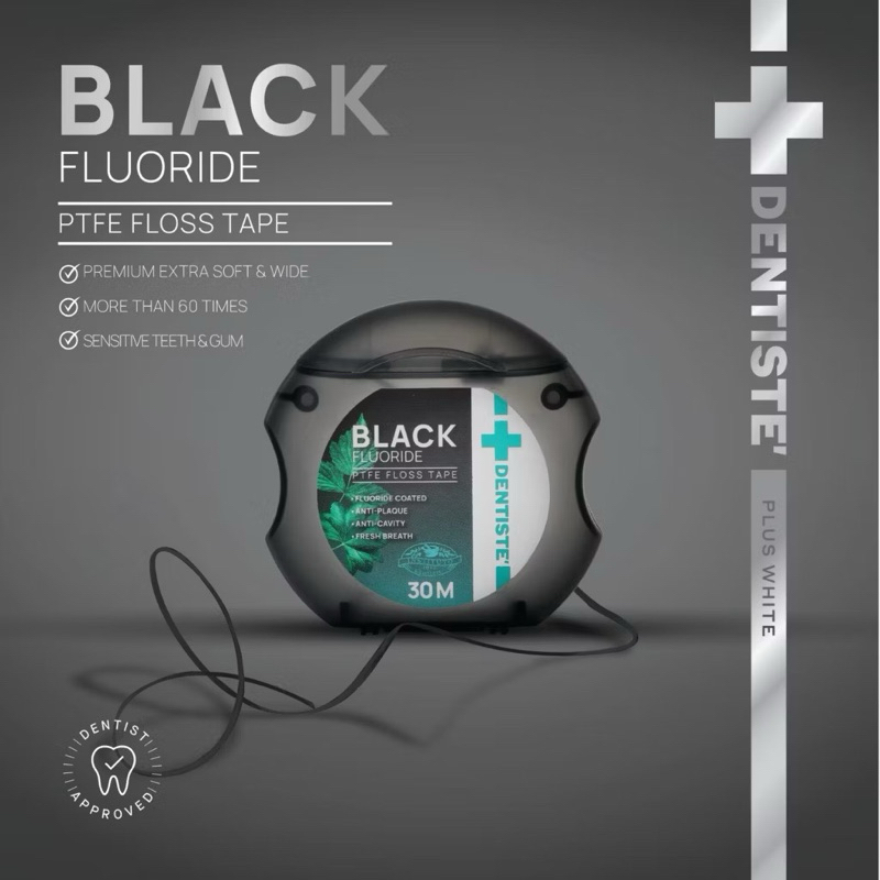 Dentiste Dental Black PTFE Floss Tape with Fluoride 30m ไหมขัดฟันเคลือบฟลูออไรด์ ขจัดคราบพลัค ป้องกันฟันผุ นุ่มพิเศษ