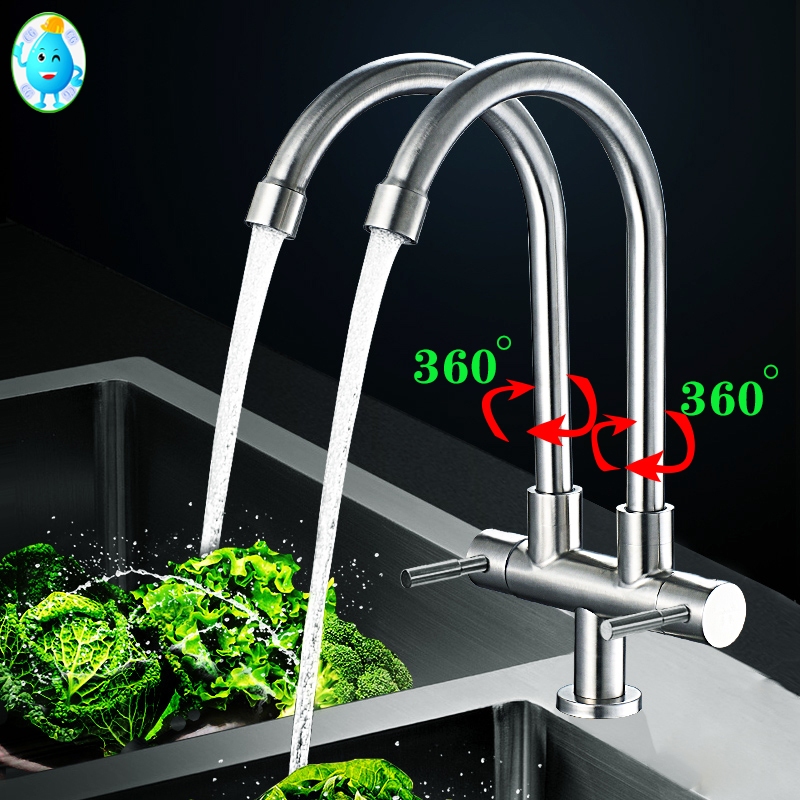 ก๊อกน้ำซิงค์2ทางออกสแตนเลส 304แท้  Faucet หมุนได้ 360 องศาslt-sli02