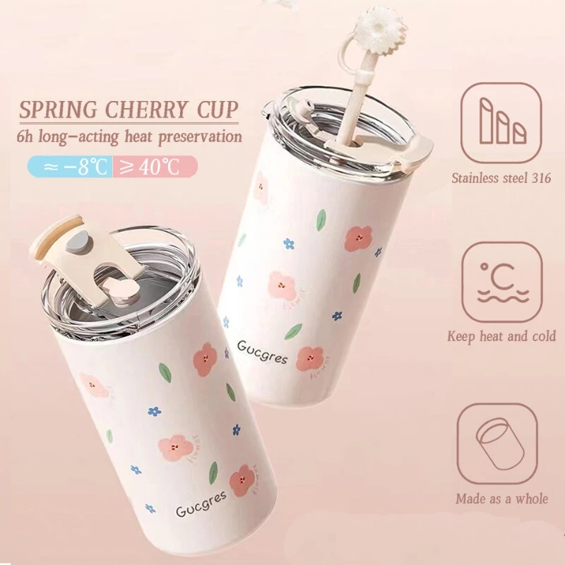 【NEW】ins แก้วเยติ แก้วเก็บความเย็น 500 / 600 / 710 / 920 / 1200ml มีหลอดดูด ทรงกระบอก ลวดลายดอกไม้ เกาหลี กระติกน้ํา