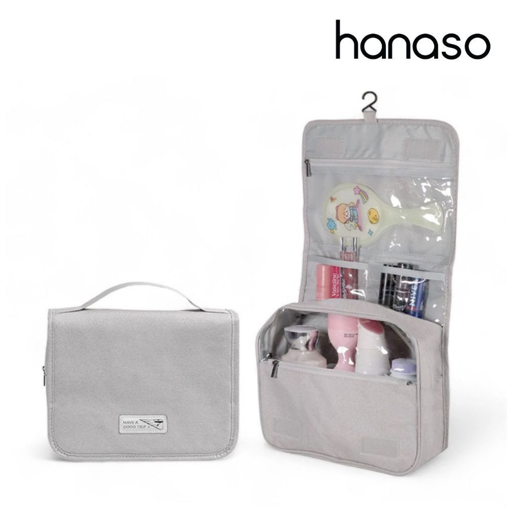 Hanaso กระเป๋าอาบน้ำ ใส่อุปกรณ์อาบน้ำ กระเป๋าจัดระเบียบ สีเทา wash bag พับได้ แขวนผนังได้ กันน้ำ เดินทาง