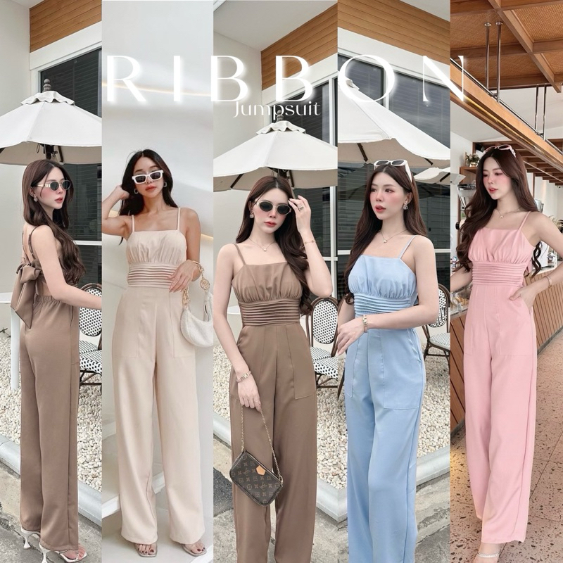 จั๊มสูทขายาว ผูกโบหลังRibbon แบรนด์PICHNIN จั๊มสายเดี่ยว ทรงสวย ผ้าเปเป้อย่างดี