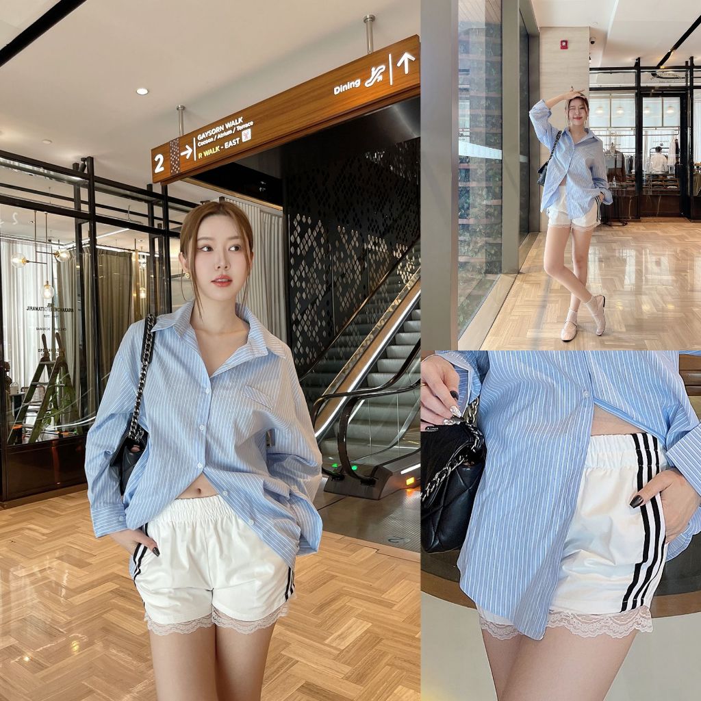 ขาว/ดำ SLYQ RILEY SPORTY LACE TRIM SHORTS กางเกงขาสั้นแต่งแถบข้างชายลูกไม้