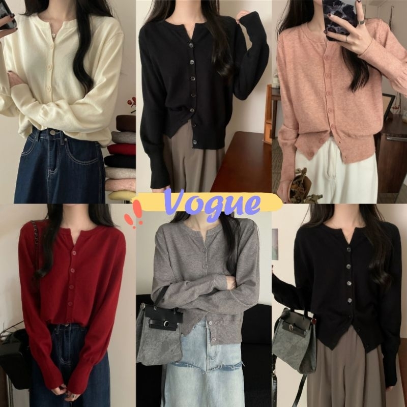 Vogue พร้อมส่ง เสื้อคลุมไหมพรมแขนยาว คอกลม กระดุมด้านหน้า สีพื้น ยืดตามตัว (MH3012)