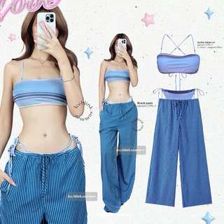 ICEBLINK -Beach pants 🏝️ กางเกงผ้าขายาวลายตรง ทรงขากระบอก พร้อมส่ง