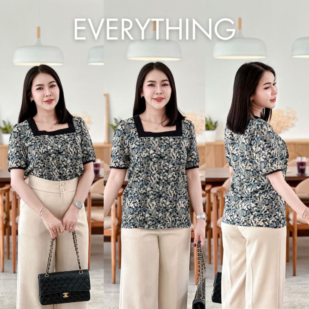 Everything2019 เสื้อคอเหลี่ยมแขนสั้น ตีเกร็ดหน้า แต่งกระดุมน่ารัก เสื้อทำงานผู้หญิง XS-3XL(6276)