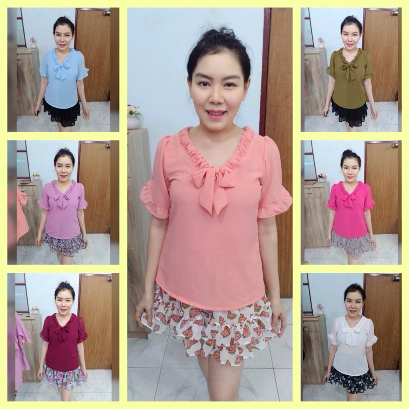 เสื้อผ้าชีฟองพื้น รุ่นคอวีรูด แขนเว้า ผลิตเอง พร้อมส่ง