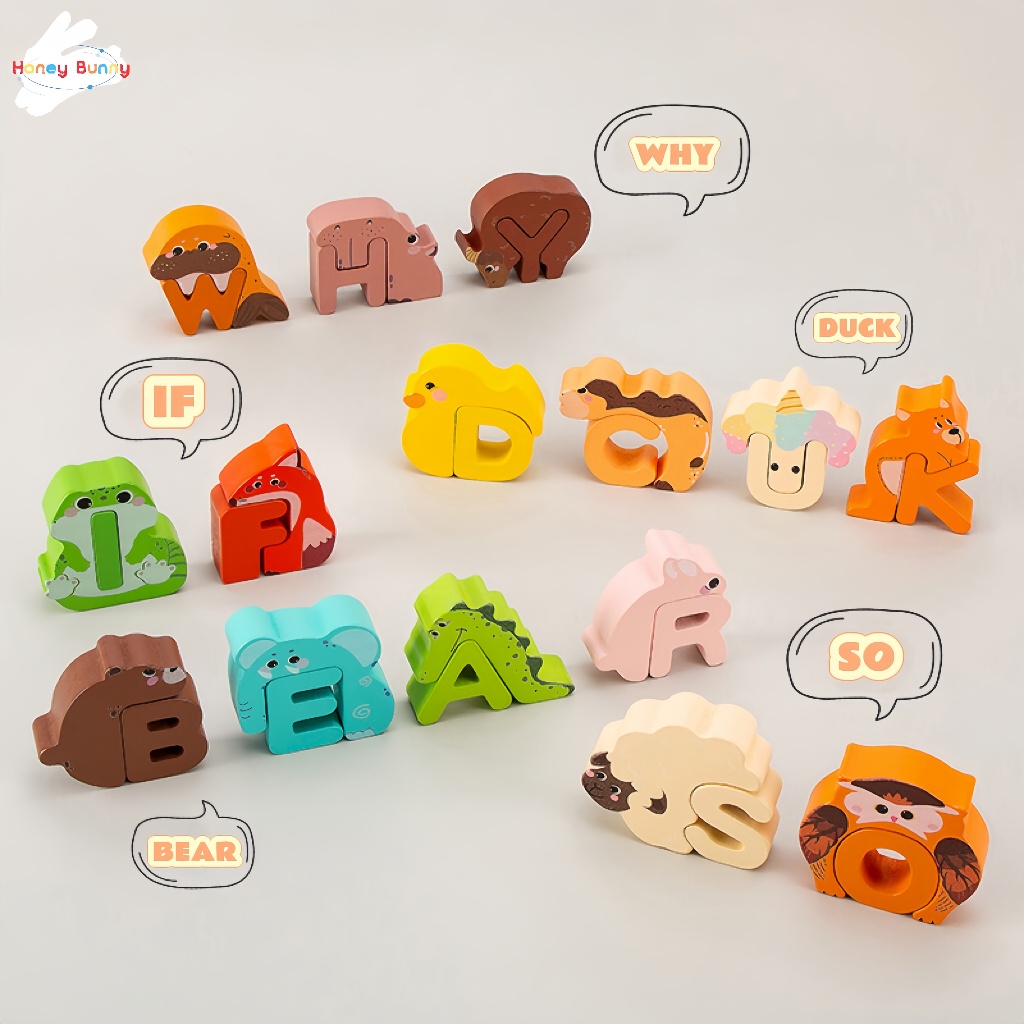 HoneyBunny ของเล่นเด็ก ของเล่นไม้ มอนเตสซอรี่ สัตว์อิฐเกม สัตว์ ของเล่นไม้ปริศนา ABC 2-5 ปี การศึกษาปฐมวัย