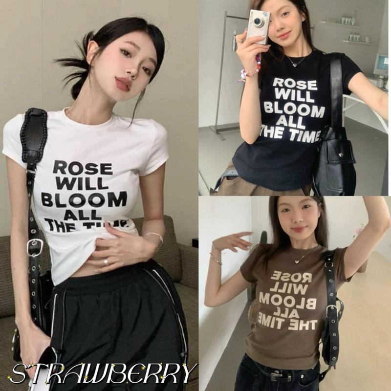 STRพร้อมส่ง👽 เสื้อครอปท็อป เสื้อยืดแฟชั่นผู้หญิง เสื้อรัดรูปสีขาว croptopแขนสั้นคอกล พิมพ์ลายตัวอักษรY2K สไตล์เกาหลี
