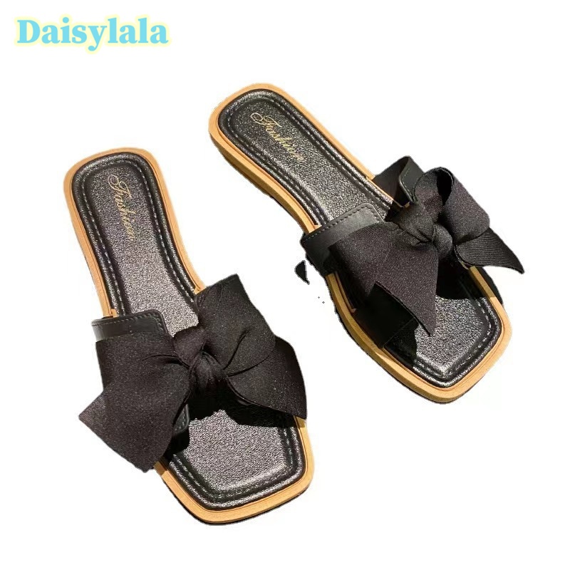 Daisylala รองเท้าแตะสำหรับผู้หญิงชุดนอกฤดูร้อน พื้นนุ่ม ลำลองขี้เกียจ รองเท้าแตะทุกแมตช์ปมโบว์ กันลื่น
