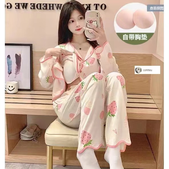 (ราคาถูกที่สุด) ชุดนอนฤดูใบไม้ร่วงล่าสุด， ผ้าฝ้ายคุณภาพสูง， มาพร้อมกับแผ่นรองหน้าอก，13 สไตล์，M-2XL