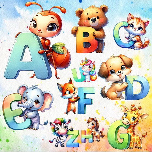 ตัวรีดติดเสื้ออักษร 159 F.233 A - Z ตัวอักษร รูปสัตว์น้อย  Animal Alphabet Watercolor