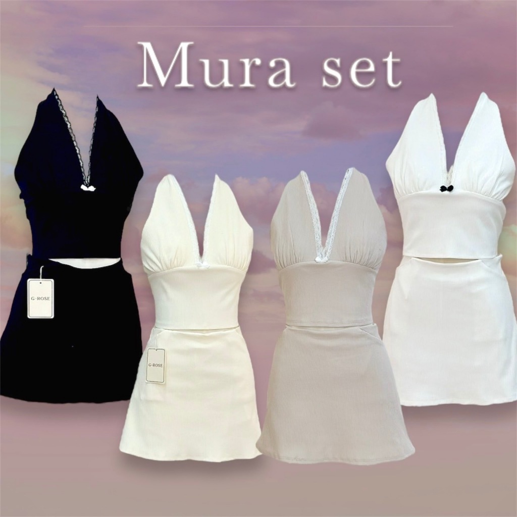 Mura - ชุดเซ็ท 2 ชิ้นกระโปรงสั้น ชุดเซ็ทเสื้อคล้องคอกระโปรงสั้น งานน่ารัก y2k แต่งดีเทลลูกไม้ ป้าย G-rose