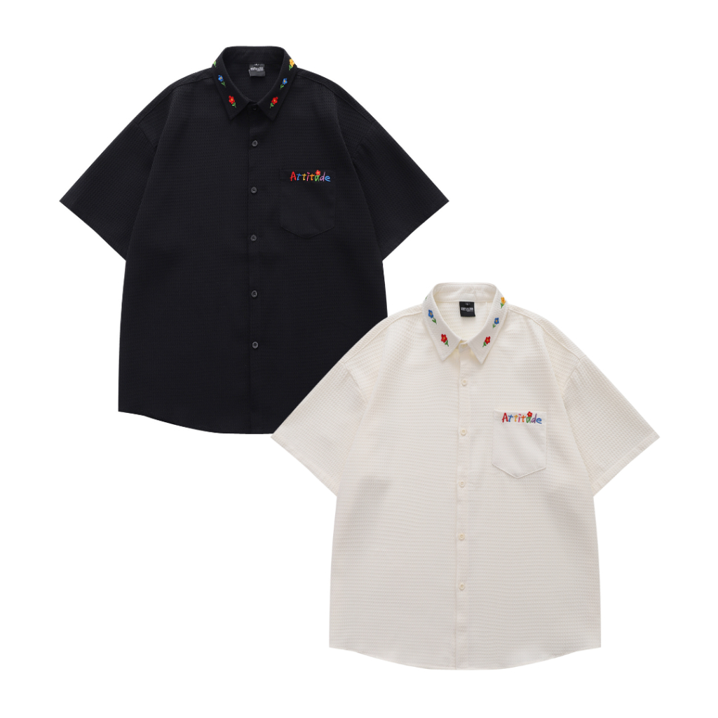 เสื้อเชิ้ตแขนสั้นทรงโอเวอร์ไซส์งานปักพรีเมียม Premium Flower Korea Shirt