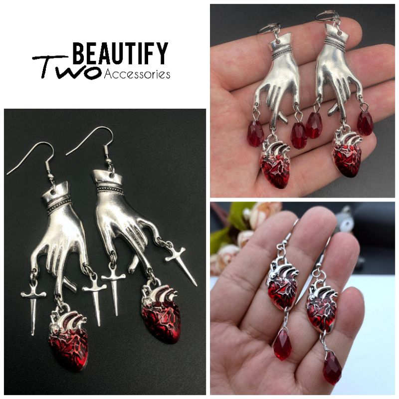 ต่างหูรูปมือจี้บีบคั้นหัวใจสีแดงหยดเลือดสำหรับปาร์ตี้ฮาโลวีนมีให้เลือก 3 แบบ
