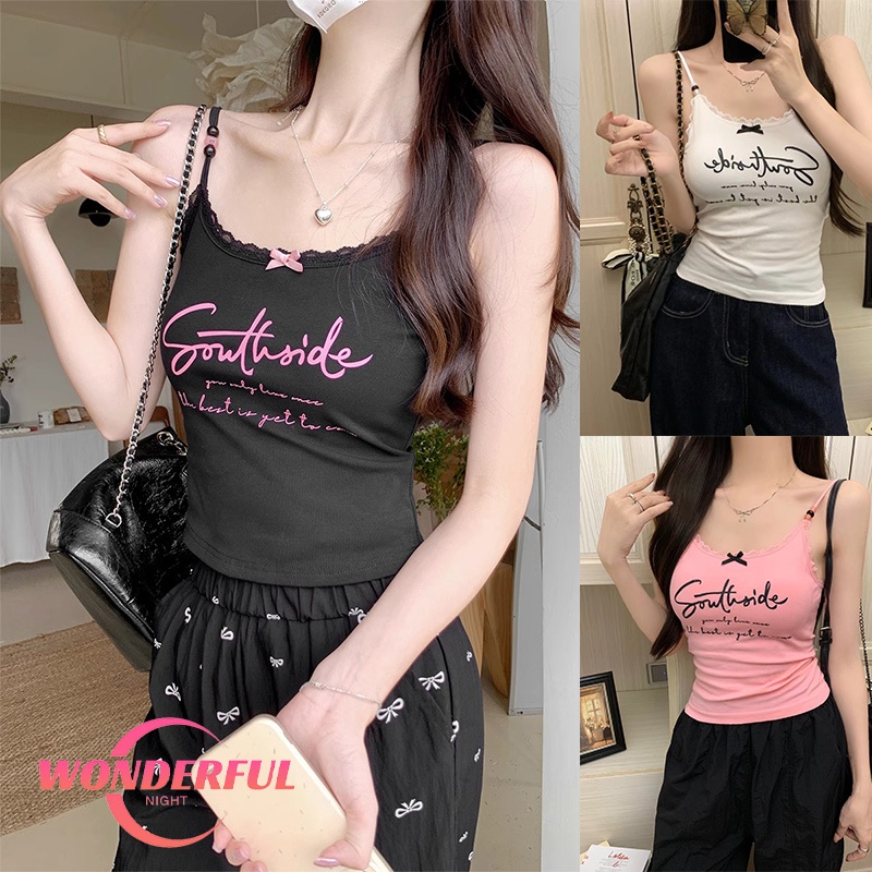 Wonderful Night เสื้อกล้ามเซ็กซี่ ครอบตัดด้านบน ลูกไม้เซ็กซี่ ทรงเข้ารูป กราฟฟิตีตัวอักษร ใส่สบาย
