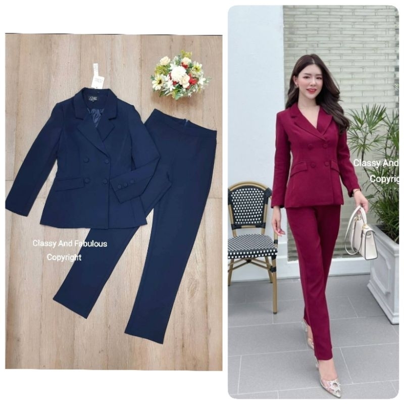 French Korea ชุดSetสูทสีกรม ทรงสวยใส่ทำงาน Classy ชุดSet เสื้อสูทรุ่นกระดุม 4 เม็ด+กางเกงขายาว