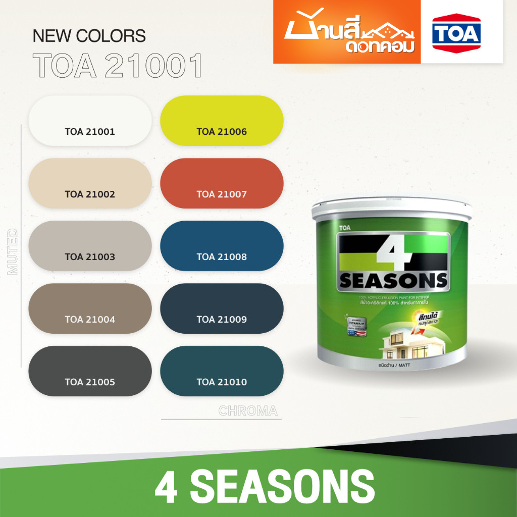 TOA 4 Seasons ภายใน 21001 ขนาด 9 ลิตร ชนิดด้าน สีทาภายใน ฟิล์มสียึดเกาะดีเยี่ยม ผสมผงสีคุณภาพสูง