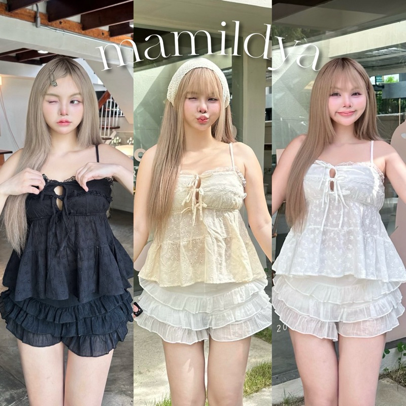 🌟Mamildya.shop🌟 เสื้อสายเดี่ยวผ้าลูกไม้ปักฉลุ แต่งลูกไม้/L2-2 /NUSA-3ผูก ⚫
