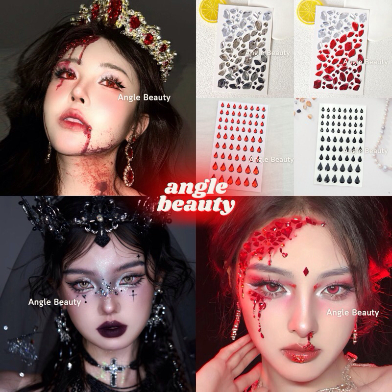 ส่งด่วน1-2วันถึง Face Stickers Halloween สติ๊กเกอร์ติดหน้า ฮาโลวีน สีดำ สีแดง เพชร