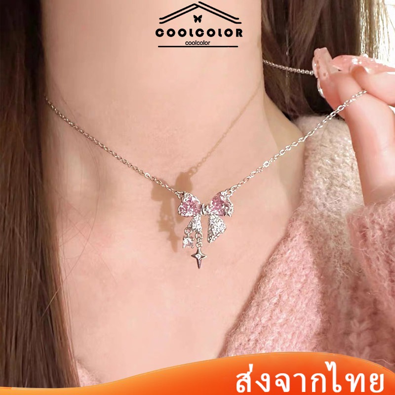 ในไทย💖สร้อยคอโบว์จี้ประดับเพชรคริสตัลแฟชั่นสไตล์เกาหลีหรูหราพราวการออกแบบที่ดีสําหรับผู้หญิง.COD