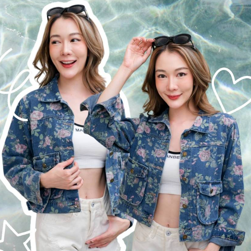 pinkแจ็คเก็ตยีนส์แขนยาวลายดอก กระเป๋าคาร์โก้ รุ่น8822