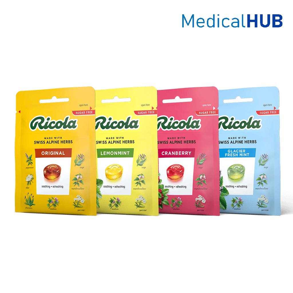 Ricola Sugar Free ลูกอมสมุนไพร ไม่มีนํ้าตาล รสดั้งเดิม,เลมอนมินต์,แครนเบอร์รี่,เฟรชมินต์ 1 ซอง