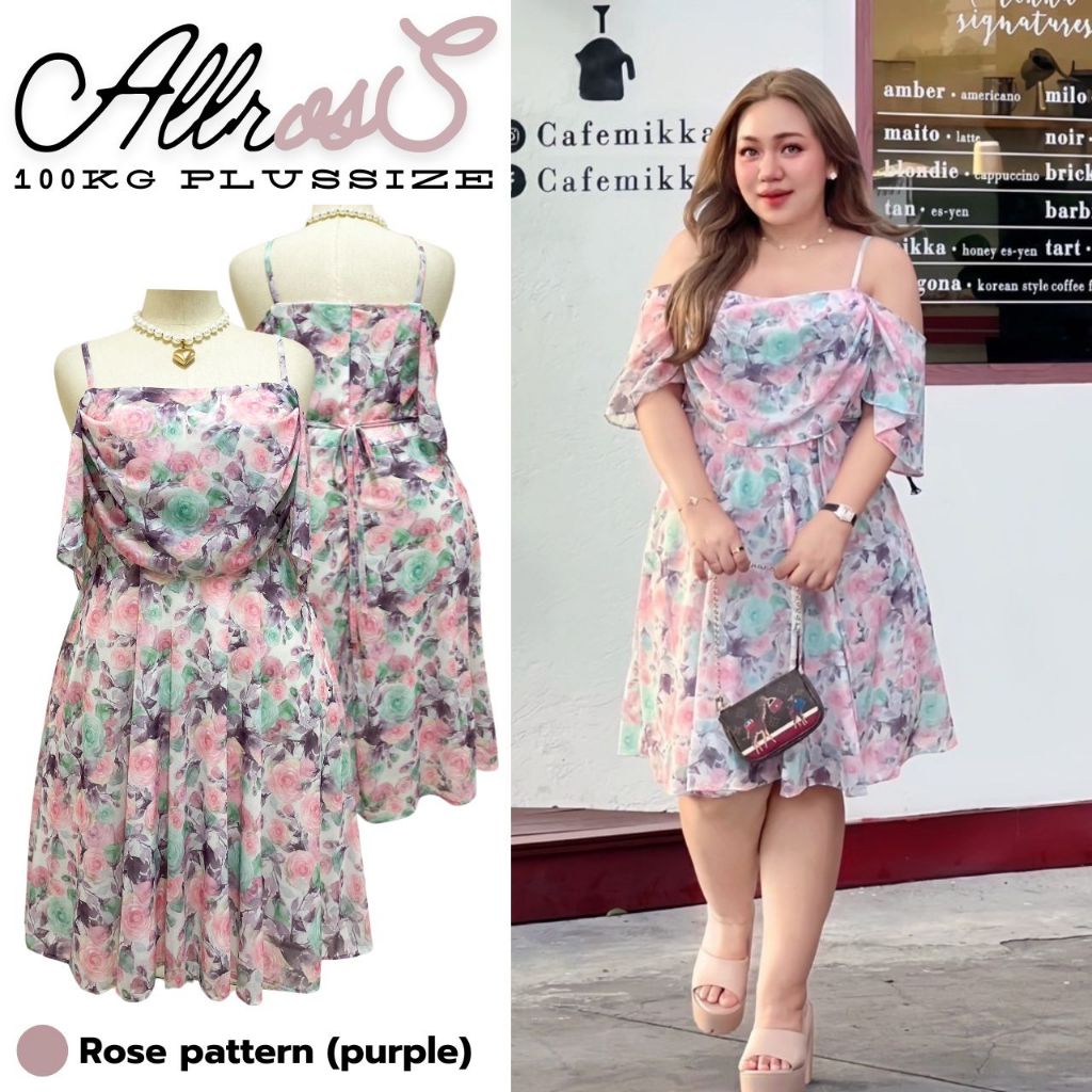 Plus size เดรสสายเดี่ยวเปิดไหล่แต่งระบายลายกุหลาบของสาวอวบ ทรงเจ้าหญิง รุ่น เดรสออลโรส(S7)