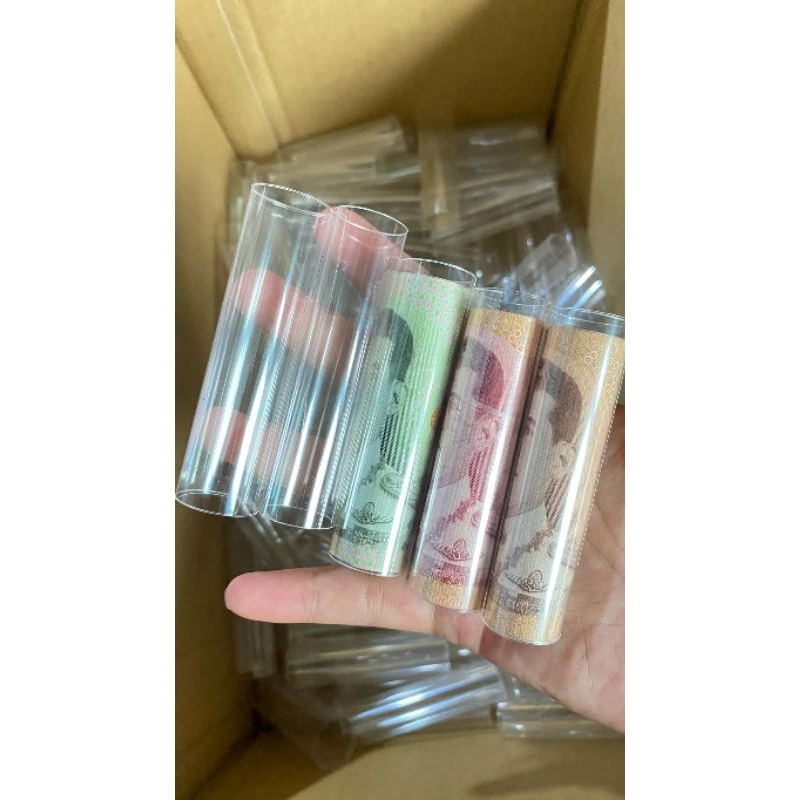 หลอดเปล่าใส่ธนบัตร ใส่ได้ทุกแบงค์ ทำจากถุงแก้วติดเทป พร้อมใช้ได้เลยสะดวกประหยัดเวลา
