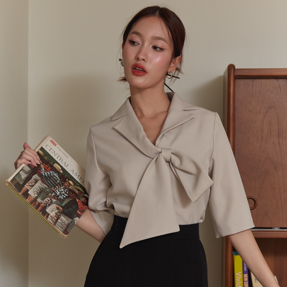 Miss office เสื้อปกเทเลอร์แขน4ส่วนเเต่งโบว์ (MT-301)