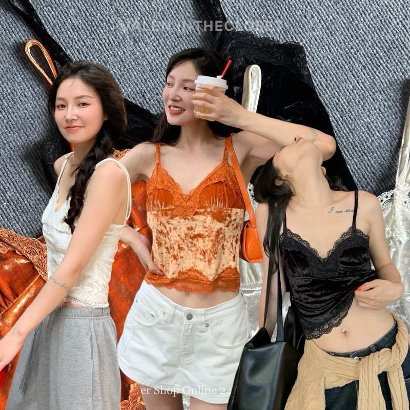 𝗩𝗘𝗟𝗩𝗘𝗧 𝗟𝗔𝗖𝗘 𝗧𝗢𝗣 เสื้อสายเดี่ยวผ้ากำมะหยี่ เย็บขอบลูกไม้สวยสะกดมาก