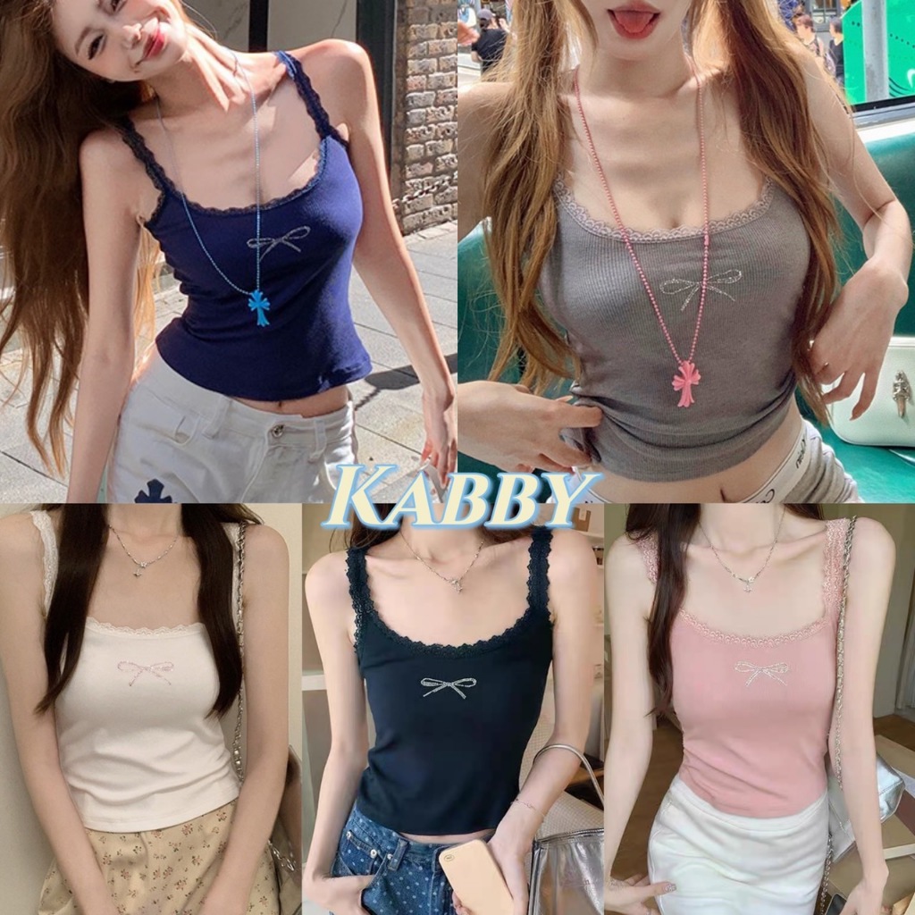 พร้อมส่ง เสื้อสายเดี่ยว ติดเพชรรูปโบว์ น่ารักมากก มีฟองน้ำ