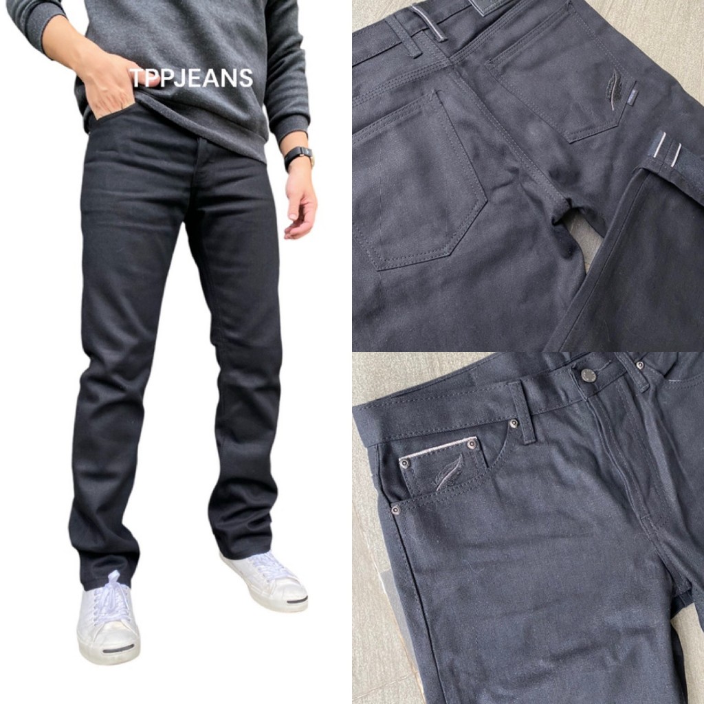 JEANSEXPRESS Black Slim Denim กางเกงยีนส์ทรงกระบอกเล็ก สีดำเข้ม ปักขนนดำ ป้ายหนังดำ ตะเข็บคู่ริมแดง เป้ากระดุม Size 28-3