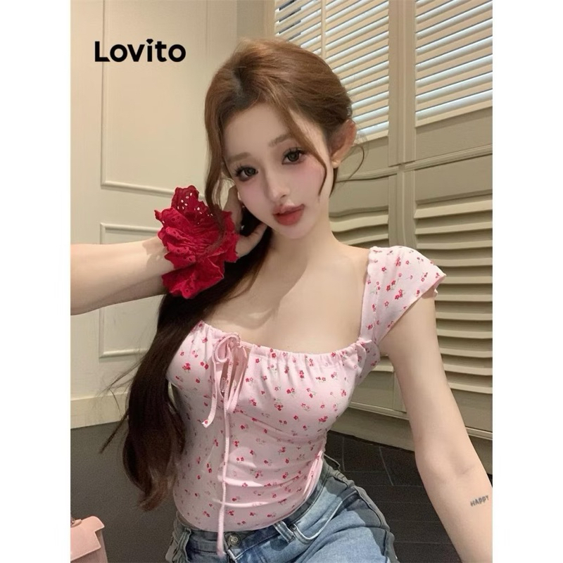 Lovito เสื้อยืดลูกไม้ สีออกเหลืองครีม สำหรับผู้หญิง 🎀 พร้อมส่ง