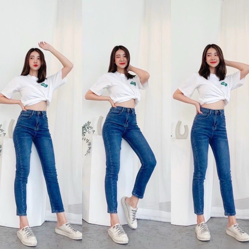 👖NN-ST🌟 กางเกงยีนส์ผ้ายืด เอวสูงปรี๊ด ทรงกระบอกเล็ก เรียบๆ สไตล์มินิมอล งานฟอกเข้ม ปลายขาเย็บ แต่งกระเป๋า เก๋ๆ5645