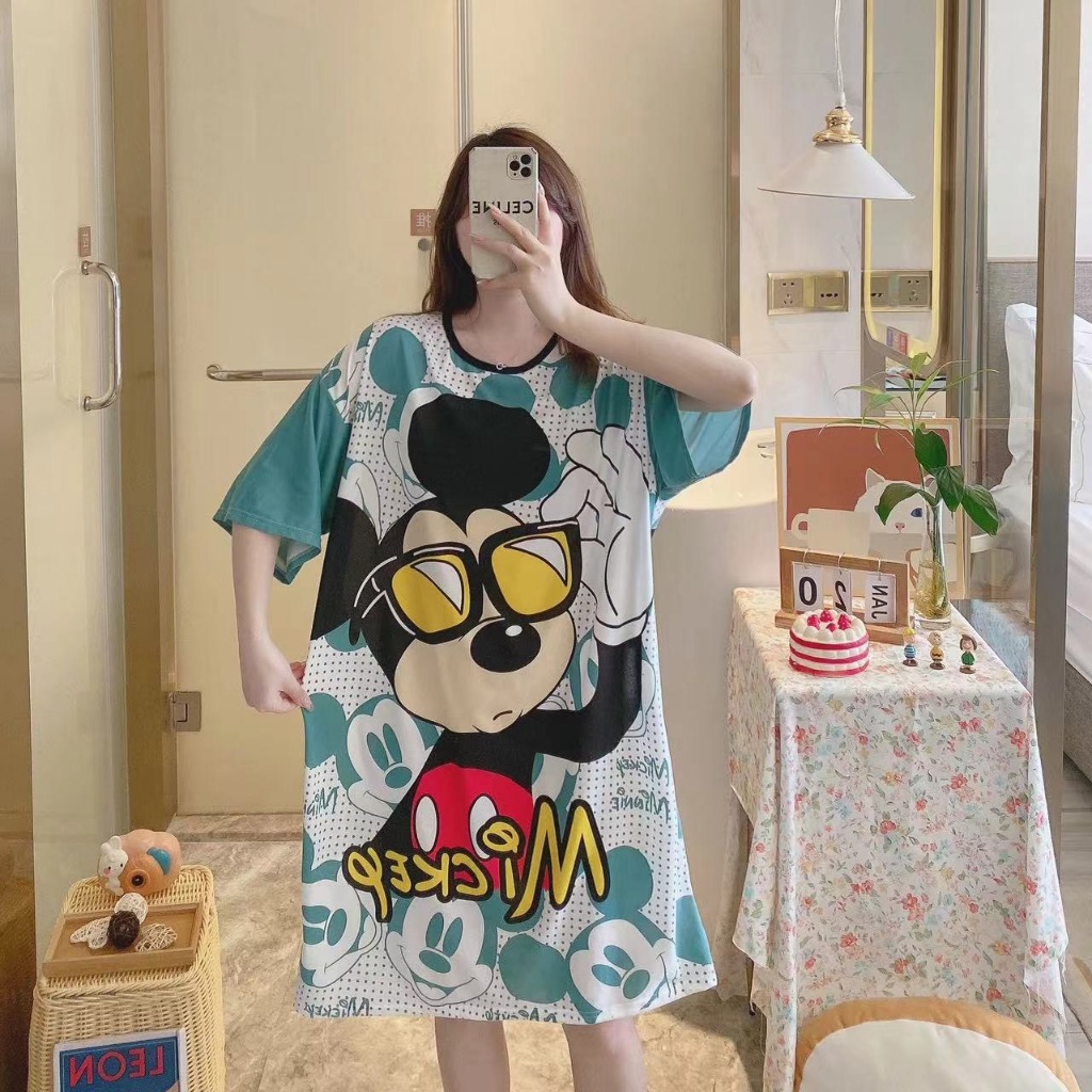 SGH0234 พร้อมส่ง ชุดนอนกระโปรง คอกลม แขนสั้น เนื้อนุ่มคุณภาพสูง ลายการ์ตูน ผ้าคอตตอน