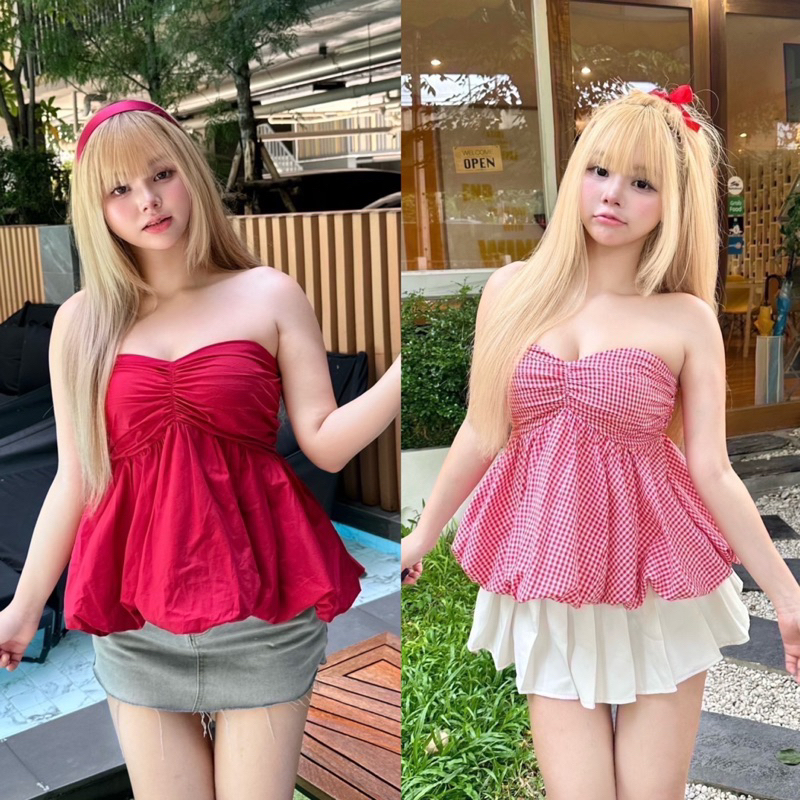 Christmas Balloon Top เสื้อเกาะอกทรงบอลลูน งานสม็อคด้านหลัง