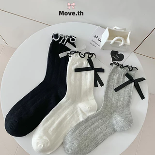 ในไทย-พร้อมส่ง✨ถุงเท้าJK Bowknotลูกไม้ น่ารักหวาน Insสไตล์เกาหลี นักเรียนสำหรับผู้หญิง ความยืดหยุ่นสูง Lolita-Move