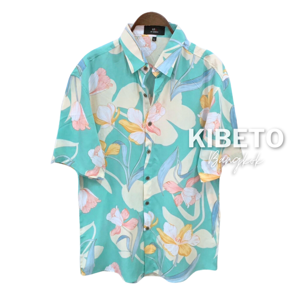 Kibeto เสื้อฮาวาย ลายดอกพาสเทลสีมิ้นท์ ผ้าสปันเรยอน เนื้อนิ่ม ใส่สบาย
